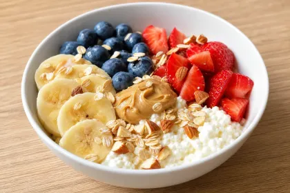 Proteinová cottage miska s banánem a ovocem