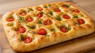 Domácí focaccia s rozmarýnem a rajčaty